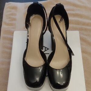 Aldo Shiny Black Ankle Strap Heels